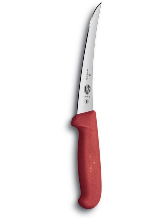 Victorinox Fibrox Boning Knife Narrow Curved Blade Red Handle 12 cm